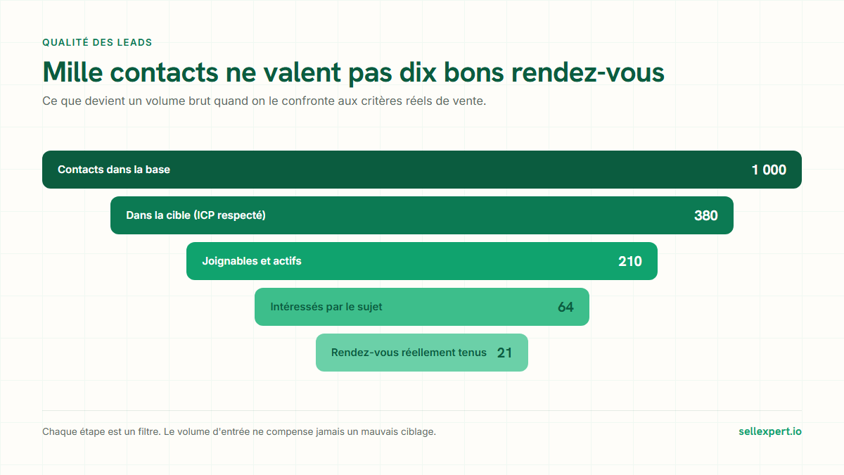 Qualite des leads : entonnoir de 1000 contacts a 21 rendez-vous reellement tenus